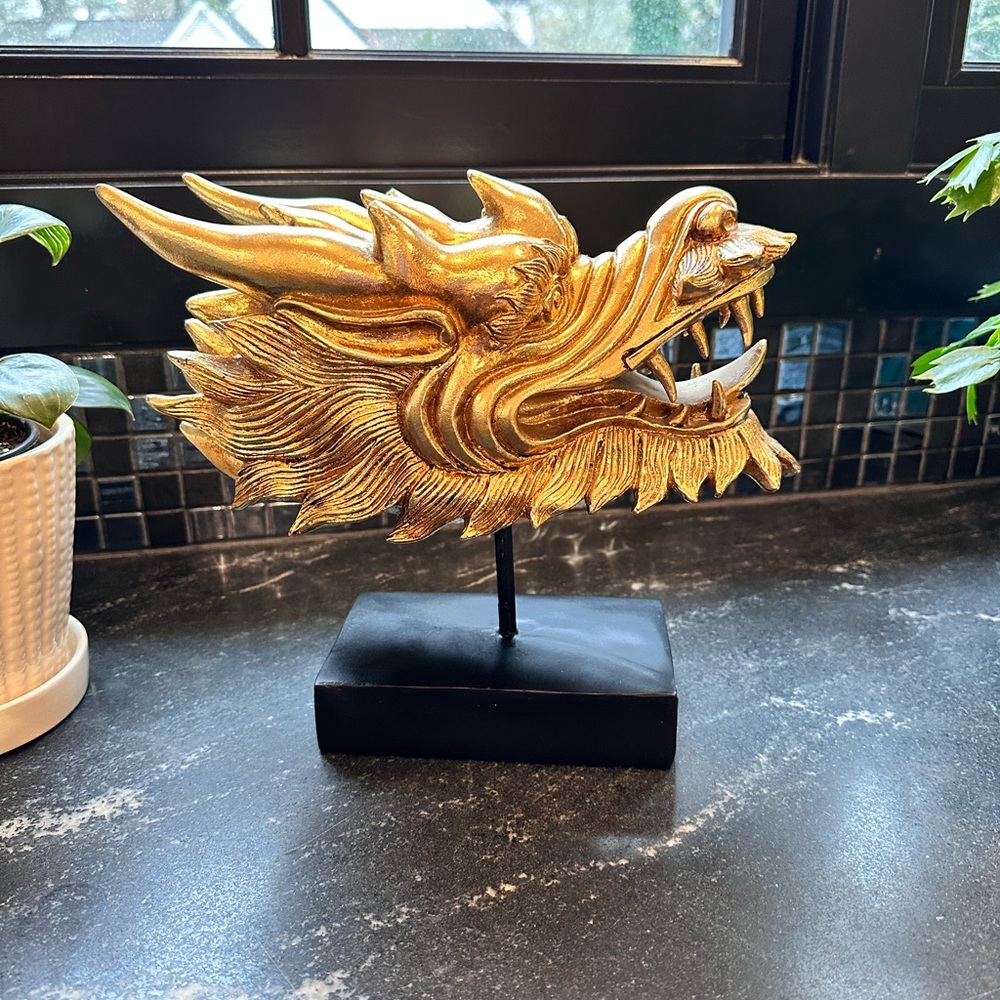 Chinoiserie Regency Golden Dragon Head Statue W/ Base - Picture 4 of 8